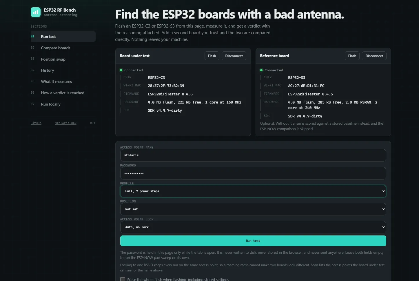 The ESP32 RF Bench page with a board under test and a reference board connected, each showing chip, Wi-Fi MAC and hardware details before a run