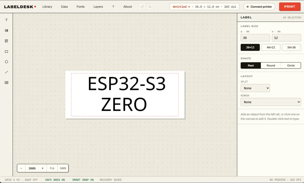 The LabelDesk editor with a 30 by 12 mm label reading ESP32-S3 ZERO on the canvas